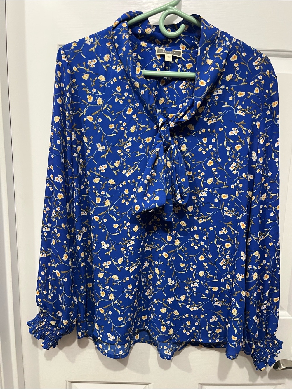 Pleione Royal Blue Floral Tie-Neck Blouse
